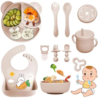 Bizcasa 11 Stück Silikon Baby Geschirrset, Rutschfest Kindergeschirr Set, Kindergeschirr mit Saugnapf, Rutschfest Baby Schüssel,Baby-Teller, Baby-Besteckset für Kleinkinder, BPA Frei (Beige)