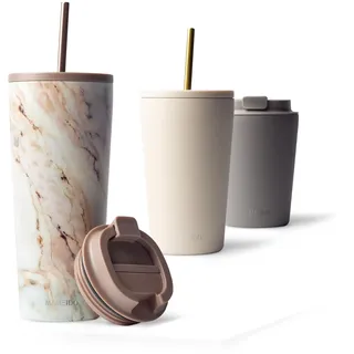 MAMEIDO Thermobecher mit Strohhalm 700 ml, Trinkbecher mit Deckel und Strohhalm aus Edelstahl doppelwandig isoliert, auslaufsicher, Coffee to go Becher (Pearl Marble)