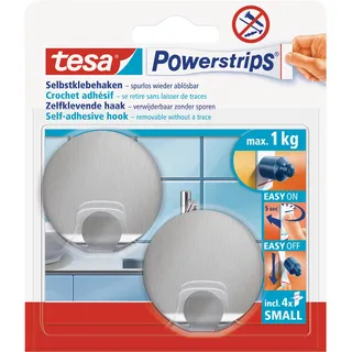 Tesa Selbstklebehaken Edelstahl Rund 2 Stück mit 4 x Powerstrips Small