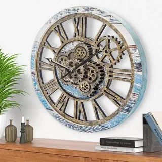 HOSTON Große Wanduhr XXL Wanduhr Uhren für das Wohnzimmer im Industrial-Steampunk-Stil für Wohnzimmer, Küche, Landhaus, Büro, Bar (Blau, 20 Zoll) - Blau