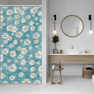 ASDCXZ Blumen Duschvorhang 120x180 cm, Frühling Sommer Weiß Gelb Daisy Blumen Blau Bad Waschbar Schmal Duschvorhänge Polyester Textil Wasserdicht Duschvorhang für Badewanne mit 8 Haken