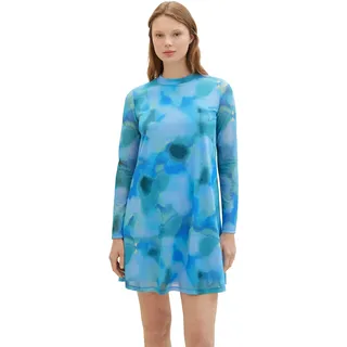 TOM TAILOR Denim Damen Mini Mesh-Kleid mit Muster, 34598 - Blue Mint Watercolor Print, M