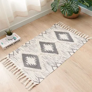JaeMoose Baumwolle Teppich Getuftet Baumwollteppich Waschbar mit Quasten, gewebter geometrischer Shag-Überwurf, Boho-Bereichsteppich (Grau, 60 x 90 cm)