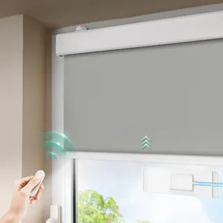 DENFOON Solar Elektrische Rollos Innen,Thermorollo Klemmfix ohne Bohren & mit Bohren,Verdunklungsrollo mit Fernbedienung Wiederaufladbar Akku Rohrmotor Rollo für Fenster Anthrazit,90x200cm(B x L)