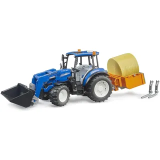 Bruder 02187 New Holland T5.120 mit Frontlader, Ladekasten, Gabeln + 1 Rundbal