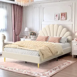 Polsterbett 140 x 200 cm Bettgestell mit Kopfteil in Blumenform und Lattenrost, Doppelbett Teenie-Mädchenbett in hautfreundlichem Samtstoff, Gästebett - Weiß