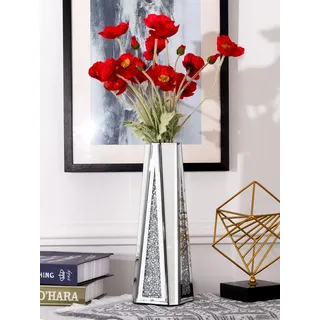 SHYFOY Große Vase für Trockenblumen 33cm Deko Vase Silber Glas Blumenvase mit Kristall Dekoration für Zuhause Wohnzimmer Esstisch Hochzeit
