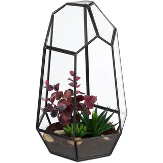 Relaxdays Pflanzenterrarium, Glas & Zinn, Deko Glashaus für Kakteen & Moos, offener Glaskasten für Fensterbank, schwarz