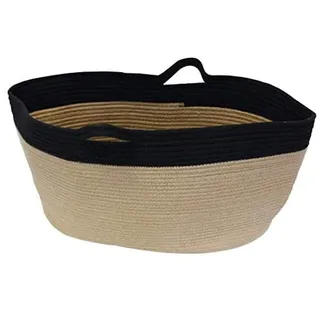 Großer Aufbewahrungskorb, rund, aus Jute und Baumwolle – oval – integrierte Griffe – Natur/Schwarz – 40 x 65 x 35 cm