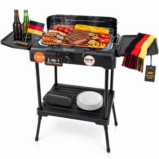 Sommertal BBQ231 Elektrogrill | Balkongrill | 2200W | Camping Grill | 2in1 Tischgrill mit Standfuß | Stufenloser Temperaturregler | Ablagefläche