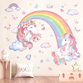 decalmile Wandtattoo Mädchen Regenbogen Einhorn Wandaufkleber Schmetterlinge Wolken Wandsticker Babyzimmer Kinderzimmer Mädchen Schlafzimmer Wanddeko