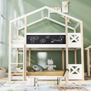 Kinderbett 90x200 cm mit Leiter, Tafel, Rausfallschutz und 2 Lattenrosten, Baumhaus-Hochbett für Kinder, EN 747-1:2024, Kiefernholz, Natur & Weiß - Weiß
