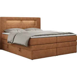 MKS Meble Boxspringbett mit LED Kopfteil und Topper - GOLD-5-KING - 120x200cm - Orange - Hart H4 - Orange