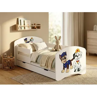 Happy Babies Kinderbett mit Rausfallschutz Junge 140x70 Bett für Kinderzimmer mit Schublade Matratze Einzelbett für Kinder Blau Hundemotiv - Weiß