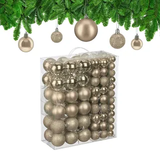 Relaxdays Weihnachtskugeln 138er Set, Kunststoff, glitzernde, Matte, glänzende Baumkugeln, Christbaumschmuck, Champagner