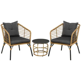 Sweiko Rattan Gartenmöbel Set, 3-teilig, Sitzgruppe, Couchtisch + 2 Stühle, Bistro-Set mit Kissen, Balkonmöbel, sand/dunkelgrau