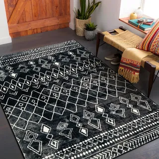 Carvapet Läufer Teppich 90x150cm rutschfest Lang Küchenteppich Waschbar Teppichläufer Weiche Mikrofaser Geometrisch Flächenteppich Laufteppich(Schwarz)