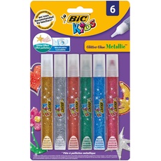 BIC KIDS Bastelkleber Glitter Glue Metallic, auf Wasserbasis, 6 Metallicfarben, Blister à 6 Stück