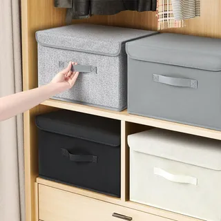 4 Stück Aufbewahrungsboxen mit Deckel, faltbare Aufbewahrungskiste mit Griff, Stoff-Aufbewahrungskorb, Aufbewahrungsboxen, Kleiderschrank, Organizer, Faltbox für Kleidung, Bücher, hellgrau