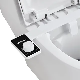 Ibergrif Bidet Aufsatz, Ultra-Slim Bidet Einsatz für Toilette, Nicht Elektrisch, Einstellbarer Druckschalter, Kaltwasser-Bidetaufsatz mit Einziehbare Selbstreinigende Doppeldüsen, Adapter, Schläuche
