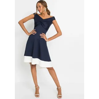 Off-Shoulder-Kleid BONPRIX, Damen, Gr. 36/38 (S), N-Gr, dunkelblau, weiß, Web, Obermaterial: 95% Polyester, 5% Elasthan. Einsatz: 72% Viskose, 23% Polyester, 5% Elasthan, festlich, ausgestellt, Kleider Off-Shoulder-Kleid, für festliche Anlässe, aus festem Scuba-Stoff, mit Carmen-Ausschnitt