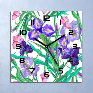 Wanduhr Echt-Glas-Küchenuhr Lila Iris Blumen Quarz Lautlos 30x30 Deko Bilder - Lila