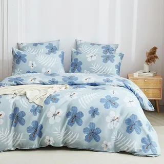 Boqingzhu Bettwäsche 135x200 cm Blumen Hellblau Blau Weiß Palmen Blätter Mikrofaser Bettbezug mit 1 Kissenbezug 80x80 cm, Bettwäsche Weich mit Urlaubsfeeling Motiv