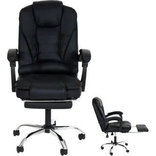 Bürostuhl HWC-M80, Schreibtischstuhl Drehstuhl Chefsessel, ausziehbare Fußstütze Kunstleder silbernes Fußkreuz schwarz - Schwarz