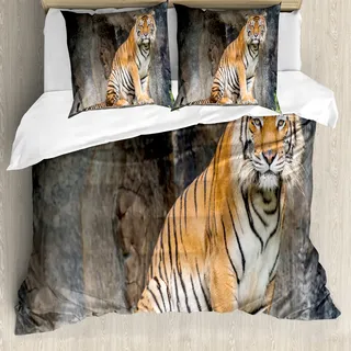 ABAKUHAUS Zoo Bettbezug, Bengal-Tiger-Katze Predator, Milbensicher Allergiker geeignet mit Kissenbezügen, 155 cm x 220 cm - 80 x 80 cm, Pale Brown Schwarz Weiß - Weiß