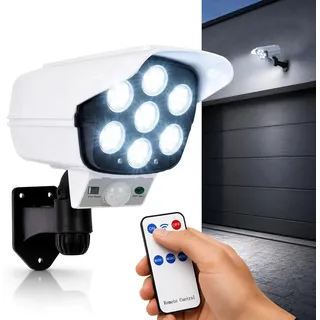 LUMILED Solar Wandlampe Wandleuchte LED Kamera-Attrappe LEMER mit Sensoren Fernbedienung 6500K Kaltweiß IP44 Außen Gartenlampe Wandleuchte Außenbeleuchtung Spritzwasserdicht Dämmerungssensor - Schwarz, Weiß
