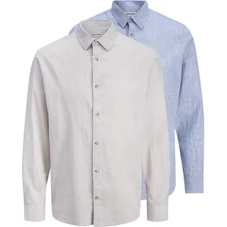 Langarmhemd JACK & JONES "JJESUMMER LINEN BLEND SHIRT L/S SN 2PKMP", Herren, Gr. L, N-Gr, crockery pack:with infinity stripes, Web, Obermaterial: 80% Baumwolle, 20% Leinen, unifarben, Hemden Langarmhemd