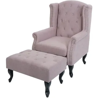 Mendler Sessel Chesterfield, Relaxsessel Clubsessel Ohrensessel, wasserabweisend Stoff/Textil ~ hellrosa mit Ottomane
