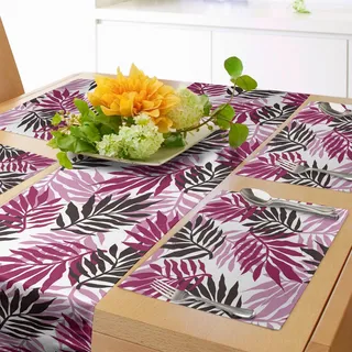 ABAKUHAUS Exotisch Tischläufer & 4 Stück Tischsets, Tropischer üppiger Regenwald-Dschungel verlässt Forest Hawaiian Beach Theme, Tischdeko-Set, 180 x 40 cm, Siegel Braun Baby Rosa Magenta