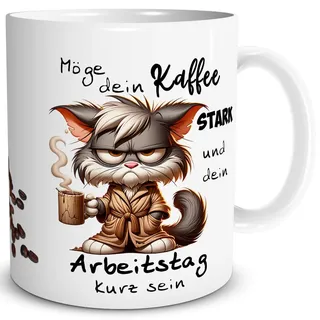TRIOSK Lustige Katzen Tasse mit Spruch Möge dein Kaffee stark sein - Witziges Katzenmotiv Geschenk für Kaffeeliebhaber, Katzenfreunde & Morgenmuffel - Büro & Arbeit - Keramik 300 ml, Weiß