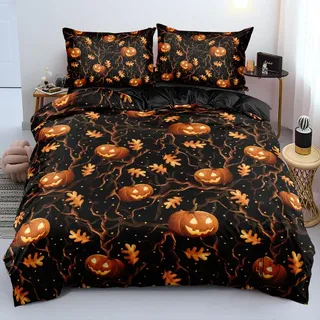 Luowei Halloween Bettwäsche 200x200 Kürbis Laterne Blätter 3D Bettwäsche Halloween Weich Microfaser Bettbezug Set 3 Teilig für Kinder Teenager Geschenk mit Reißverschluss und 2 Kissenbezüge 80x80 cm