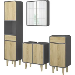 Vicco Badmöbel-Set Arla, 4 Teile, Anthrazit/Eiche - Grau, Braun