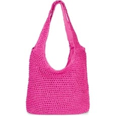 styleBREAKER Damen Papierstroh Beuteltasche mit langen breiten Henkeln, Strandtasche, Schultertasche, Flechttasche 02012397, Farbe:Pink
