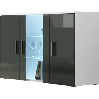 Furniture24 Kommode mit Blauer LED Beleuchtung SOHO S7 Sideboard Schrank Wohnzimmerschrank mit 3 Türen Weiß/Grau Hochglanz