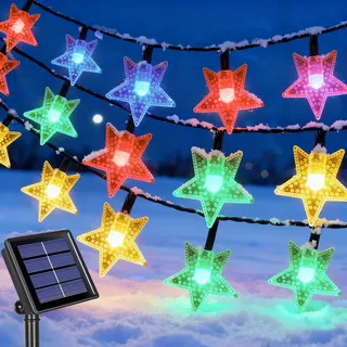 Qoosea Solar Lichterkette Aussen, 12M 100 LED Sterne Weihnachtsbeleuchtung mit 8 Modi & Timer, Wasserdicht Solar Sterne Lichterketten Weihnachtsdeko Aussen für Balkon Garten Dekoration-Bunt