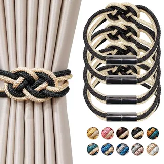 Pretty Jolly 4 Stück Starke Magnetische Raffhalter für Vorhänge, Dekorative Vorhang-Raffhalter, Handgewebtes Seil, Knoten-Vorhanghalter für Zuhause und Büro, Fenstervorhänge (Schwarz & Beige)