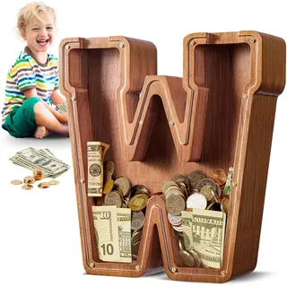 Summidate Spardose für Kinder Junge, Personalisiert Holz Großes Sparschwein, Unzerbrechliches Buchstabe A-Z Sparbüchse für Kinder Mädchen, Erwachsene, Geschenk&Dekoration