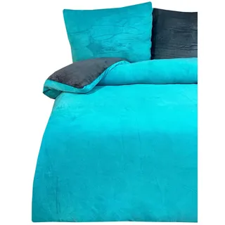 COFI Teddyplüsch Bettwäscheset 135x200 cm Petrol Anthrazit einfarbig, wendbar & warmhaltend 135x200cm + 80x80cm Kissenbezug