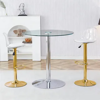 STILVORA Glastisch mit 89 cm Durchmesser und transparenter Optik, die visuelle Weite schafft und Platz spart, Hocker-Set mit 2 Hockern mit goldfarbenen Beinen sowie höhenverstellbar und 360° drehbar, Bar-Set mit vielseitiger Nutzbarkeit - Gold
