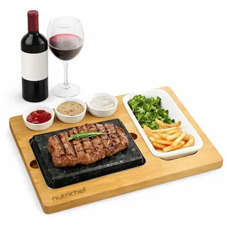 NutriChef Heißer Stein Grillplatte – Tischgrill-Set mit Bambus und Keramik Ideal für Steak und Dinner - Natürliches Granit-Kochset - Servierplatte mit Saucenschälchen