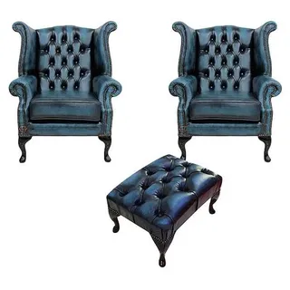 Ohrensessel Couch Ledersofa Textil Sofa Polster Fernseh Sessel Garnitur + Hocker - Blau