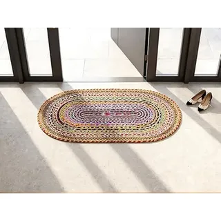 Craft Trade Bunt Waschbarer Boho Jute Teppich Reversibel Geflochten Handgewebt Oval Flickenteppich für Küche Wohnzimmer und Schlafzimmer- 60 x 90 cm
