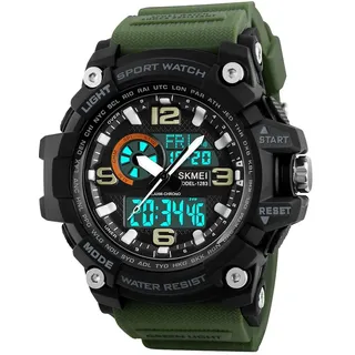 SKMEI Digitale Sportuhr für Herren, 50 m wasserdicht, Militär, LED-Display, großes Zifferblatt, Stoppuhr, Wecker, militär-grün, digital
