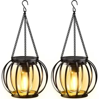 Solarleuchten - 2er Set - Hängend - Solar Outdoor-Licht - Met großen LED-Lampen - Wasserfest - Solar Gartenlicht - Mit Haken und Kettchen - Für Terrassen, Gärten, Balkone und Wohnungen - Schwarz