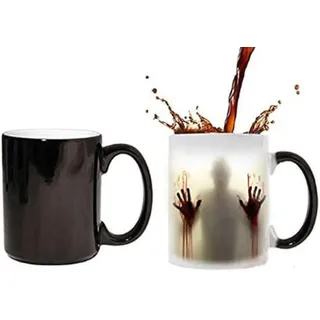 Keramik Tasse mit Thermoeffekt | Halloween Horror Motiv | Magische Farbwechsel Tasse mit Grusel Design | Geschenkidee für Horror Fans (Schwarz)