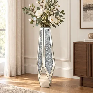 Artloge Bodenvase Große 85cm Hoch: Silberne Vase Kristall für Pampasgras, Glas verspiegelte Diamanten Blumenvase, rutschfeste Vasen für Wohnzimmer Esszimmer Corner Büro– Kein Wasserhalt